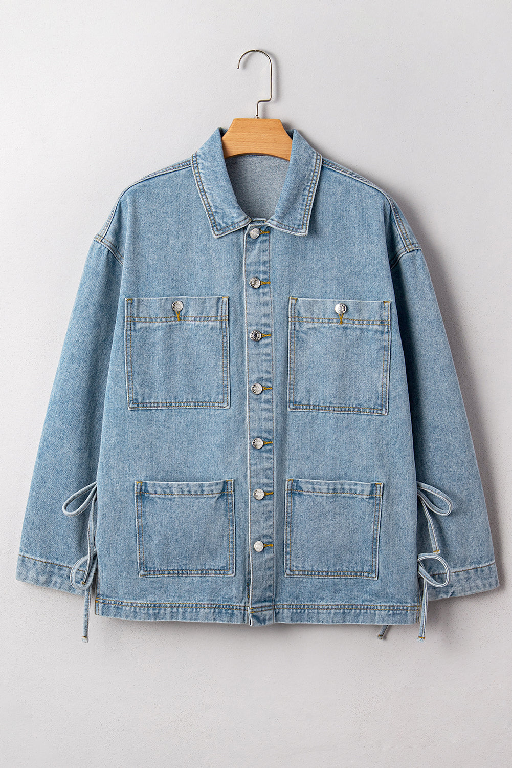 Multi Patched Pockets Side Tie up Boyfriend Style Denim Jacket - KaleaBoutique.com