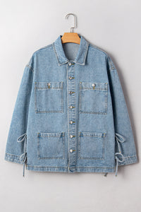 Multi Patched Pockets Side Tie up Boyfriend Style Denim Jacket - KaleaBoutique.com