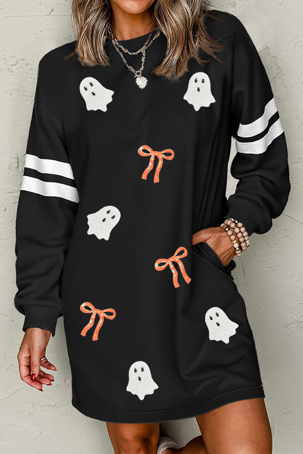 Black Sequin Ghost Graphic Varsity Striped Sleeve Halloween Sweatshirt Dress - KaleaBoutique.com