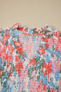 KaleaBoutique Comfortable Floral Print V Neck Contrast Trim Flutter Sleeve Long Dress - KaleaBoutique.com