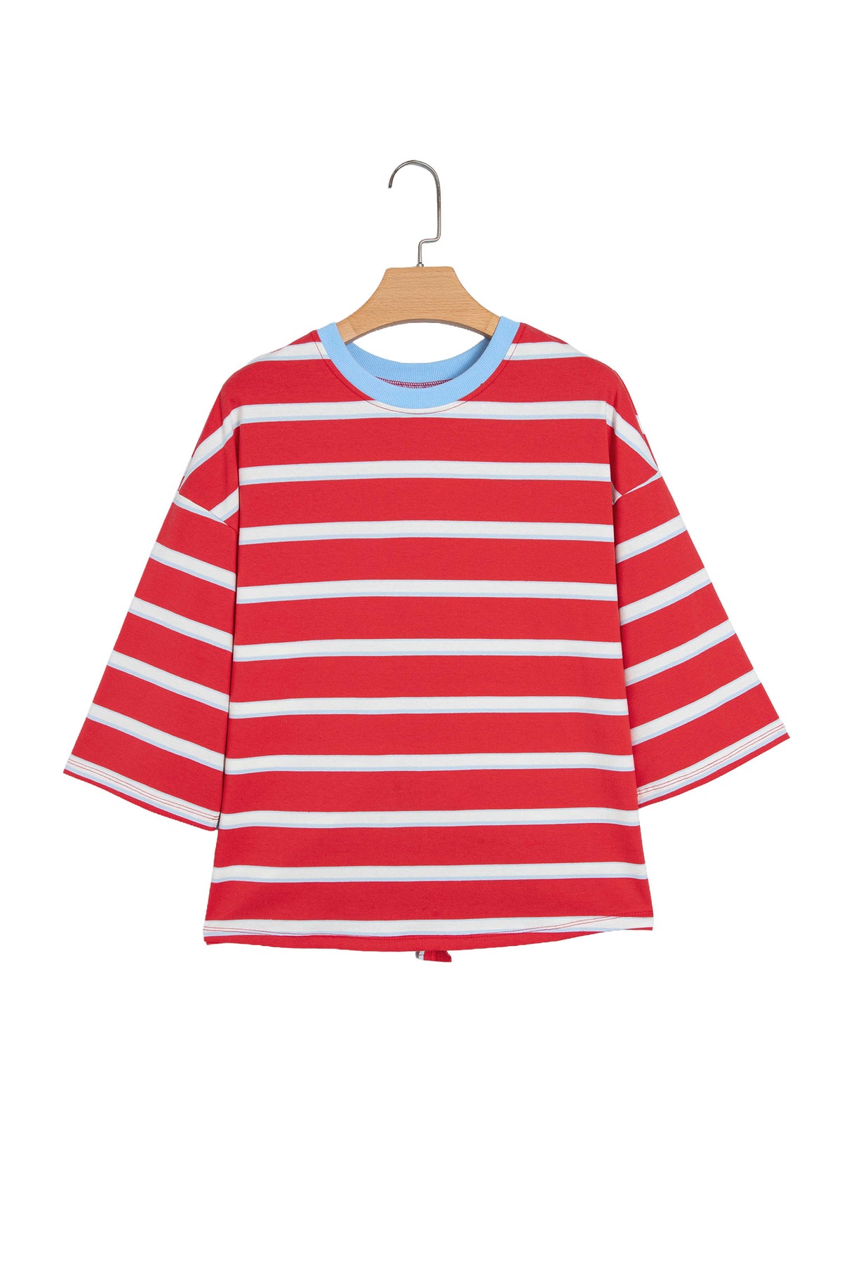 KaleaBoutique Stylish Striped Bow Tie Hollowed Back 7/8 Sleeve Casual T-Shirt - KaleaBoutique.com