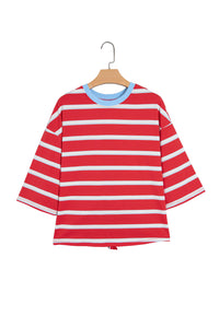 KaleaBoutique Stylish Striped Bow Tie Hollowed Back 7/8 Sleeve Casual T-Shirt - KaleaBoutique.com