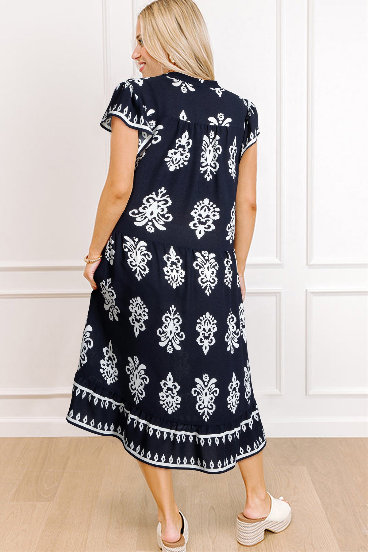 Western Ethnic Print Notched Neck Short Sleeve Midi Dress - KaleaBoutique.com