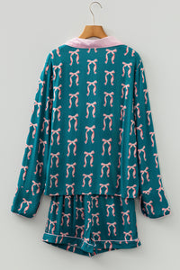 KaleaBoutique Stylish Ribbon Bow Print Silky Long Sleeve Shirt and Shorts 2pcs Pajama Set - KaleaBoutique.com