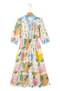 KaleaBoutique Stylish Floral Doodle Print Striped Trim V Neck Midi Dress - KaleaBoutique.com