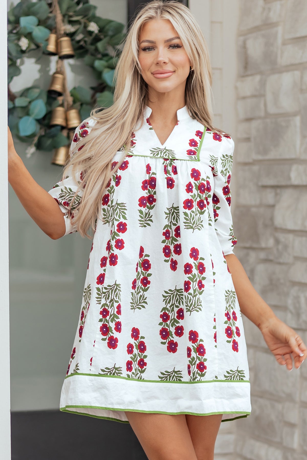 KaleaBoutique Stylish Frilled V Neck 3/4 Sleeve Loose Floral Dress - KaleaBoutique.com