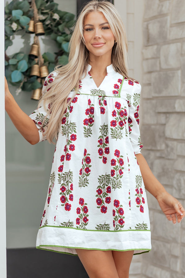KaleaBoutique Stylish Frilled V Neck 3/4 Sleeve Loose Floral Dress - KaleaBoutique.com