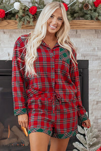 KaleaBoutique Comfortable Dearlovers Plaid Contrast Patched Christmas Holiday Long Sleeve Shirt and Short 2pcs Pajama Set - KaleaBoutique.com