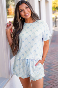 KaleaBoutique Stylish Bow Knot Geometric Print Lettuce Trim Two Piece Lounge Set - KaleaBoutique.com