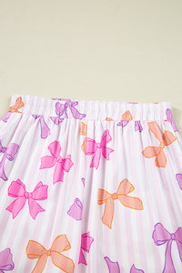 KaleaBoutique Stylish Striped Bow Print Contrast Piping Trim Shirt and Pants 2pcs Pajama Set - KaleaBoutique.com