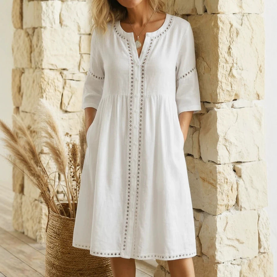 Loose-fitting Linen-cotton Dress With A Buttoned Collar And Lace-trimmed Seams - KaleaBoutique.com
