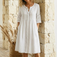 Loose-fitting Linen-cotton Dress With A Buttoned Collar And Lace-trimmed Seams - KaleaBoutique.com