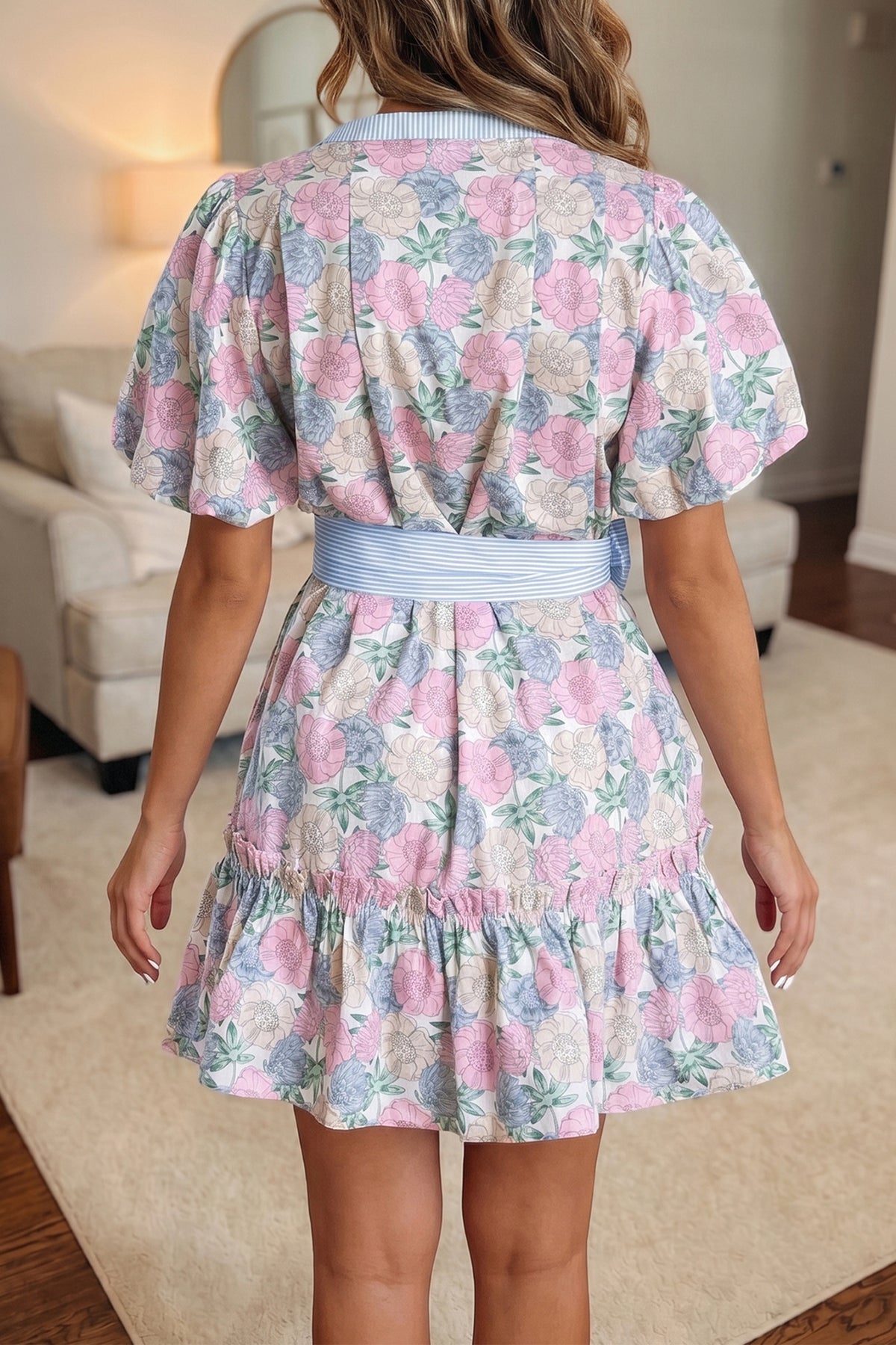 KaleaBoutique Stylish Floral Print Striped Contrast Trim Belted Short Dress - KaleaBoutique.com
