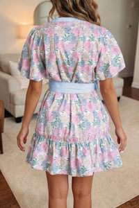 KaleaBoutique Stylish Floral Print Striped Contrast Trim Belted Short Dress - KaleaBoutique.com