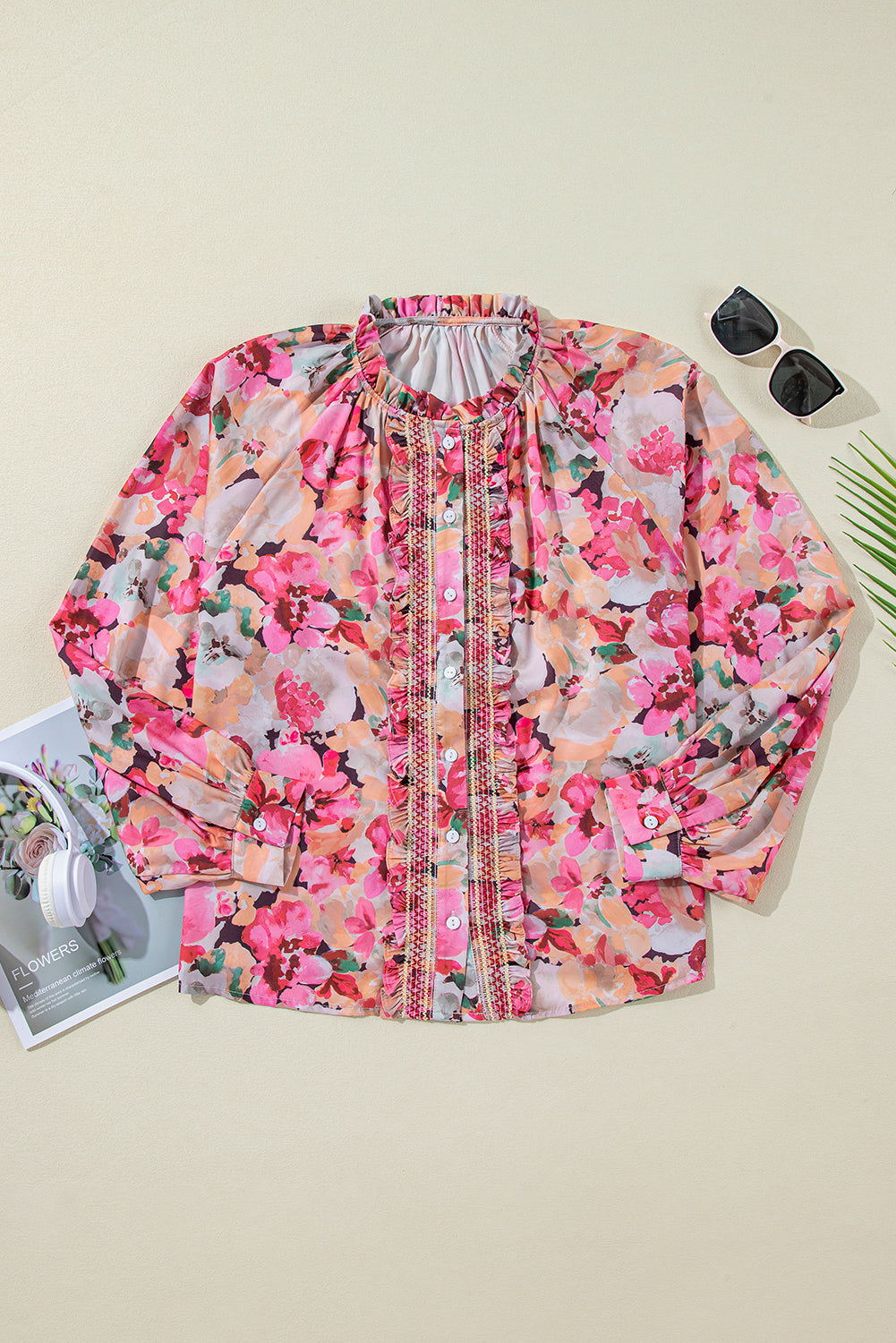 KaleaBoutique Floral Print Ruffled Stitch Buttoned Loose Fit Shirt - KaleaBoutique.com