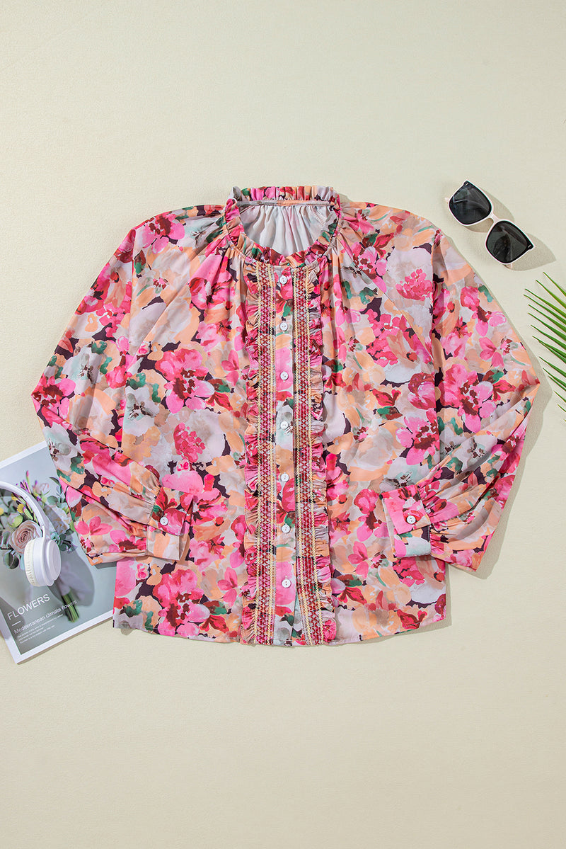 KaleaBoutique Floral Print Ruffled Stitch Buttoned Loose Fit Shirt - KaleaBoutique.com
