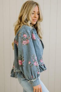Floral Print Raw Seam Ruffle Hem Denim Jacket - KaleaBoutique.com