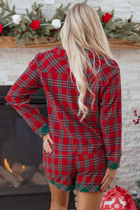 KaleaBoutique Comfortable Dearlovers Plaid Contrast Patched Christmas Holiday Long Sleeve Shirt and Short 2pcs Pajama Set - KaleaBoutique.com
