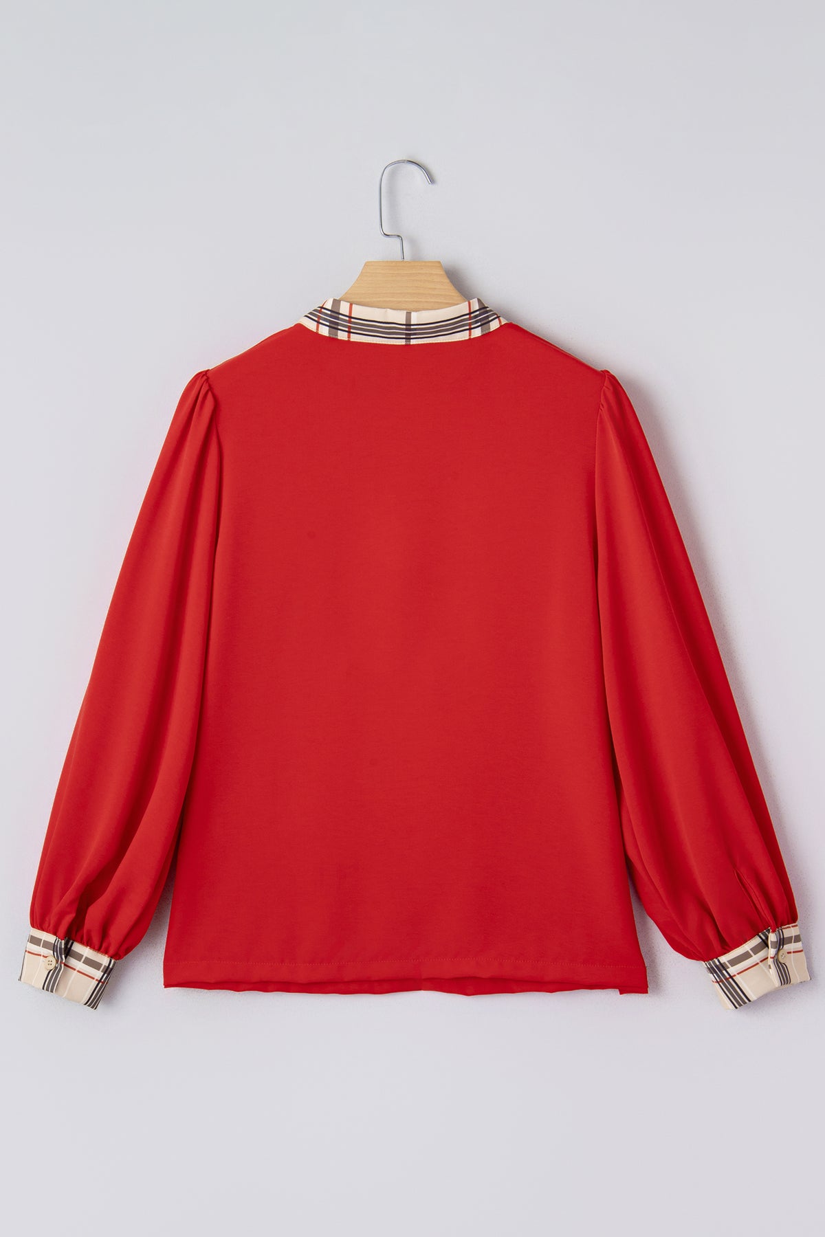 Contrast Plaid Patchwork V Neck Long Sleeve Blouse - KaleaBoutique.com