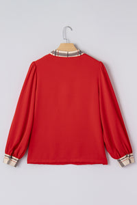 Contrast Plaid Patchwork V Neck Long Sleeve Blouse - KaleaBoutique.com