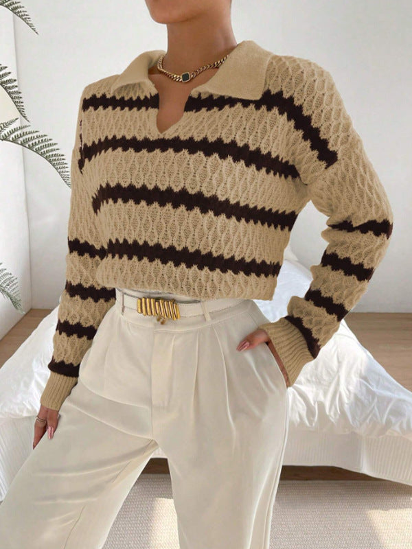 Women's Striped Openwork Polo-Collar Pullover Sweater - KaleaBoutique.com
