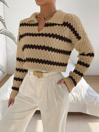 Women's Striped Openwork Polo-Collar Pullover Sweater - KaleaBoutique.com