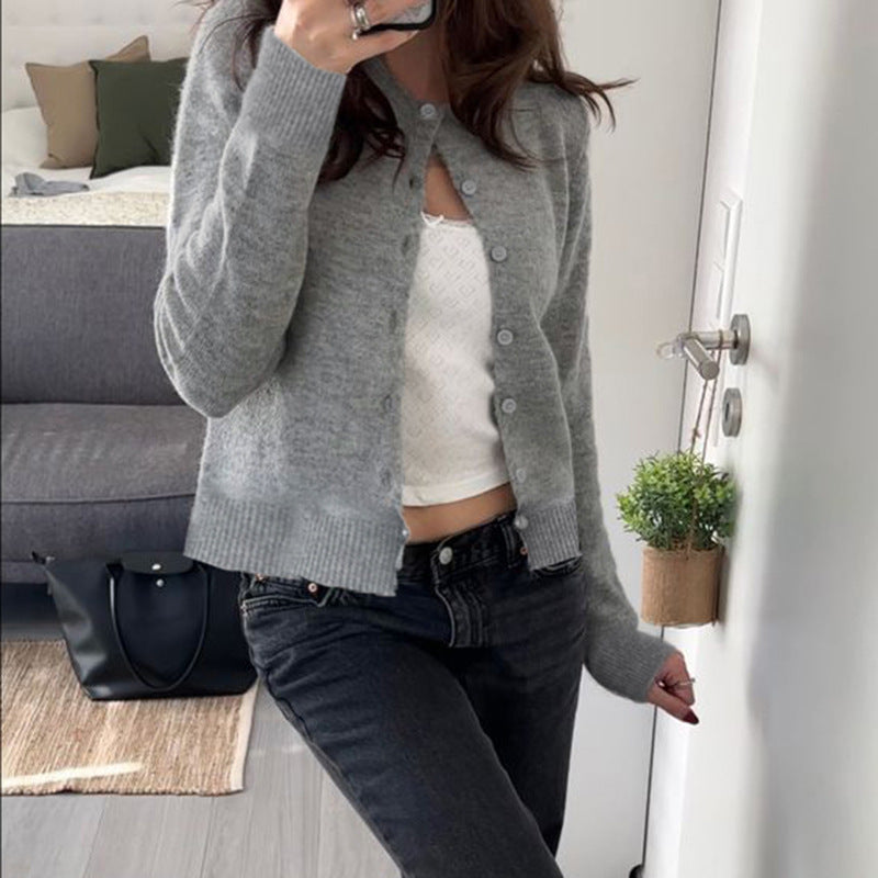 Women's Round-Neck Button-Front Cardigan with Ribbed Trim - KaleaBoutique.com