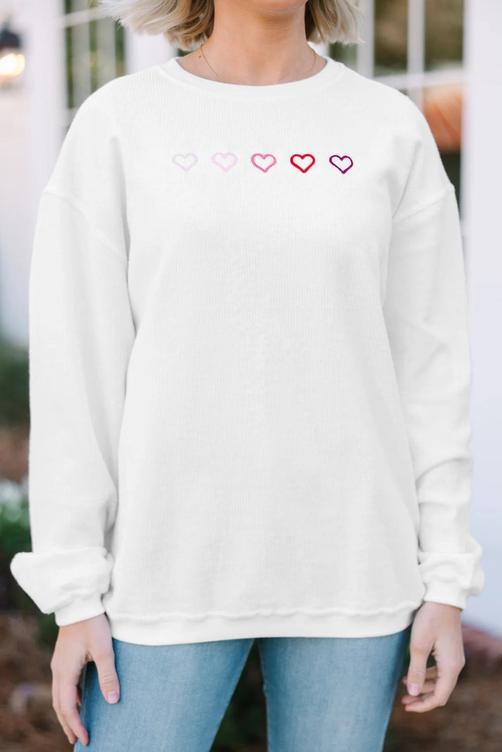 3d Ribbed XOXO Heart Embroidered Drop Shoulder Sweatshirt - KaleaBoutique.com