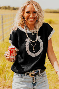 KaleaBoutique Comfortable Horse Shoe Pattern Contrast Trim Short Sleeve Sweater - KaleaBoutique.com