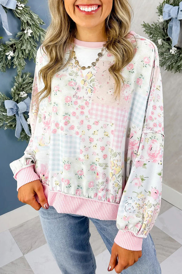 KaleaBoutique Stylish Twisted Ribbed Trim Floral Print Patchwork Long Sleeve Top - KaleaBoutique.com