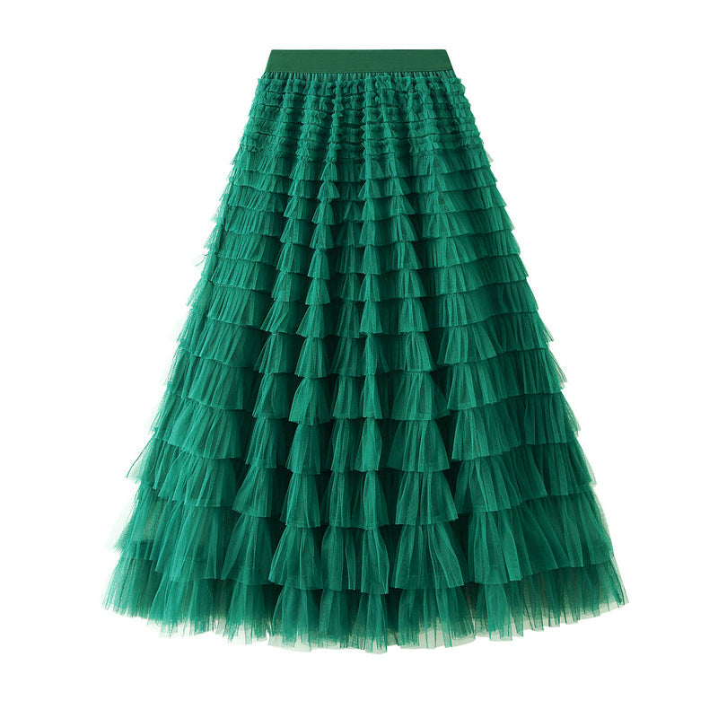 A-Line Mesh Ruffle Skirt Women's Temperament Sweet Long Skirt Slim Cupcake Dress Womens Clothing - KaleaBoutique.com