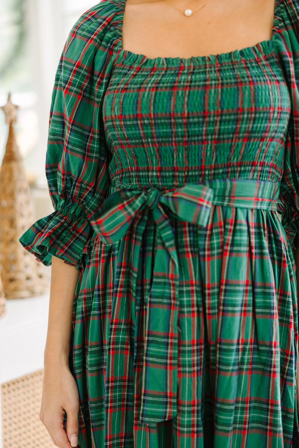 Tartan Plaid Square Neck Puff Sleeve Knot Waist Flared Midi Dress - KaleaBoutique.com
