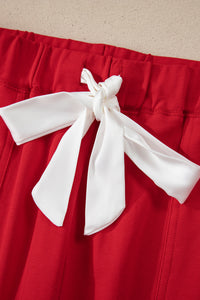 KaleaBoutique Stylish Contrast Trim Button V Neck Ribbon Bow Knot Waist 2pcs Lounge Pant Set - KaleaBoutique.com