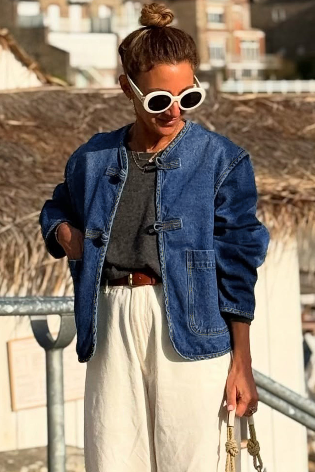 Vintage Fastening Big Patched Pockets Straight Cut Deep Wash Denim Jacket - KaleaBoutique.com