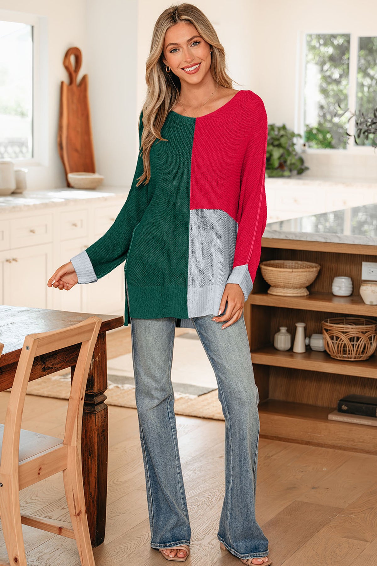 Color Block Knit V Neck Loose Sweater - KaleaBoutique.com