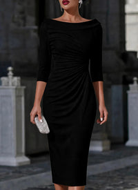 One-shoulder Slim-fit Sheath Dress With Three-quarter-length Pleated Sleeves - KaleaBoutique.com