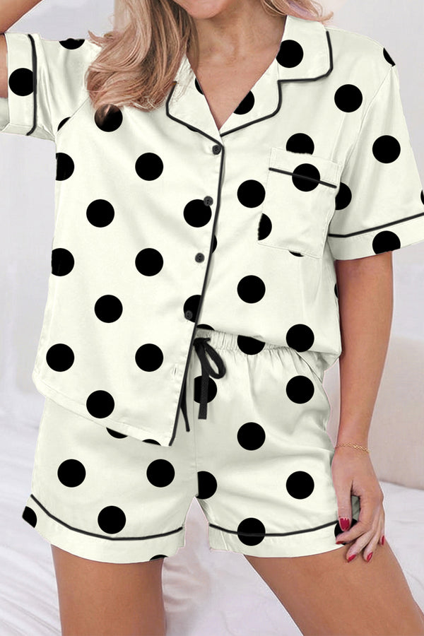 KaleaBoutique Stylish Polka Dot Print Lapel Shirt Drawstring 2pcs Short Pajama Set - KaleaBoutique.com
