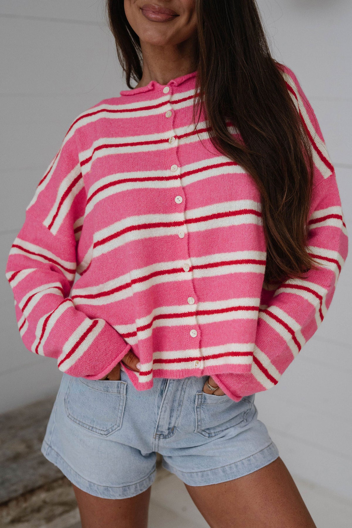 KaleaBoutique Comfortable Striped Drop Shoulder Button Cardigan - KaleaBoutique.com