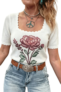 KaleaBoutique Stylish Western Floral Print Short Sleeve Square Collar Knit Sweater - KaleaBoutique.com