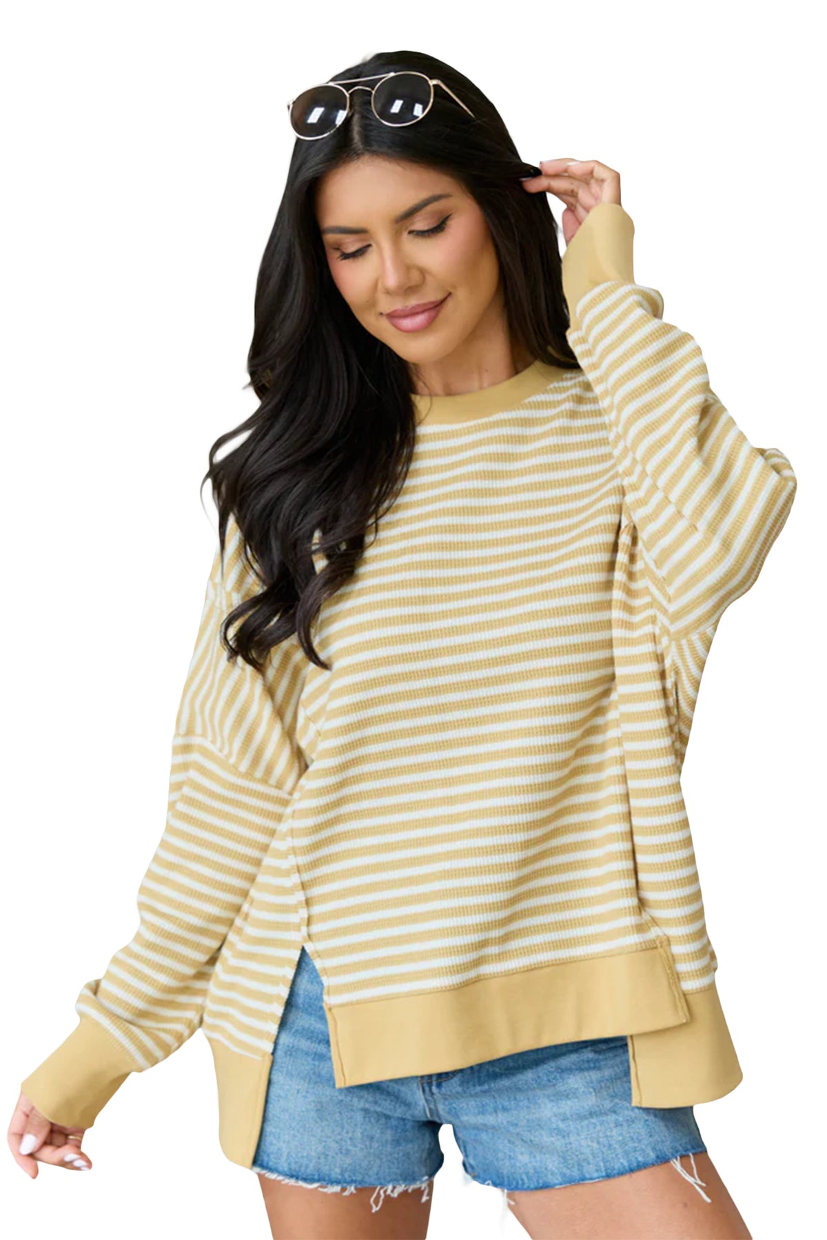 KaleaBoutique Stylish Textured Knit Color Block Trim Split Hem Long Sleeve Top - KaleaBoutique.com