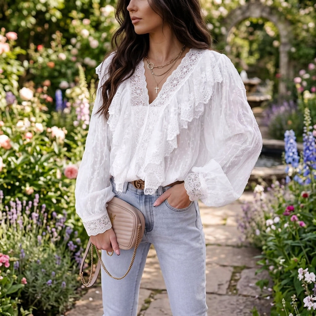 Women's Lace V-neck Patchwork Ruffled Shirt - KaleaBoutique.com