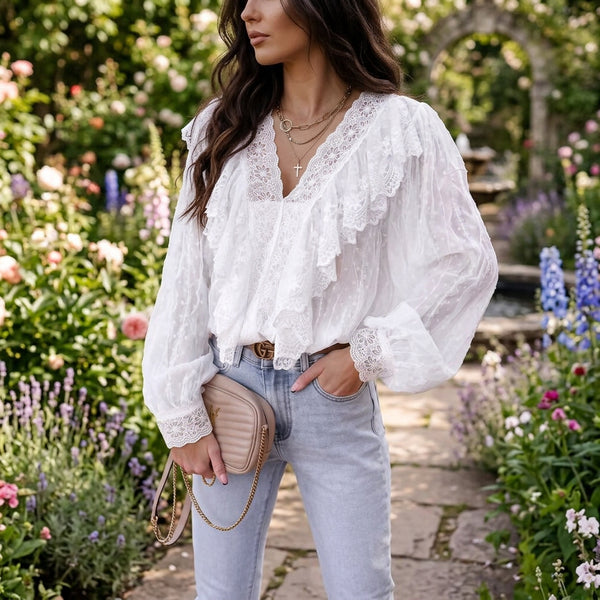 Women's Lace V-neck Patchwork Ruffled Shirt - KaleaBoutique.com