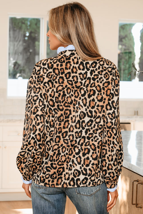 Stylish KaleaBoutique Wild Leopard Print Contrast Striped Frilled Trim Chic Shirt - KaleaBoutique.com