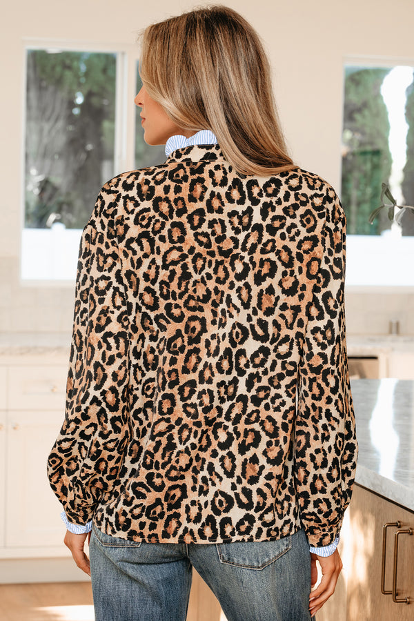 Stylish KaleaBoutique Wild Leopard Print Contrast Striped Frilled Trim Chic Shirt - KaleaBoutique.com