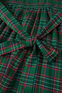 Tartan Plaid Square Neck Puff Sleeve Knot Waist Flared Midi Dress - KaleaBoutique.com