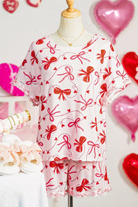 KaleaBoutique Stylish Romantic Bow Print Loose Tee Drawstring Shorts 2pcs Lounge Set - KaleaBoutique.com