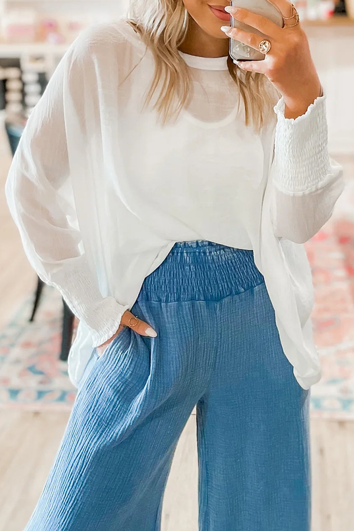 KaleaBoutique Stylish Smocked Cuffs Semi Sheer Long Sleeve Dolman Blouse - KaleaBoutique.com