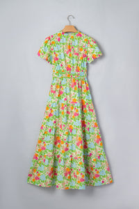 KaleaBoutique Comfortable Floral Print V Neck Short Puff Sleeve Cotton Maxi Dress - KaleaBoutique.com