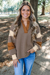 KaleaBoutique Stylish Collar V Neck Color Block Detail Long Sleeve Pullover Top - KaleaBoutique.com