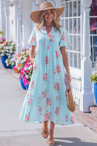 KaleaBoutique Comfortable Notched Neck Flutter Short Sleeve Floral Print Maxi Dress - KaleaBoutique.com